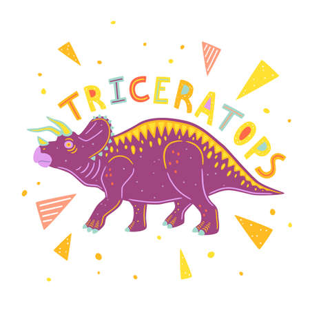 Vector Triceratops isolated on white background. Vector illustration with lettering and colorful geometric elementsのイラスト素材