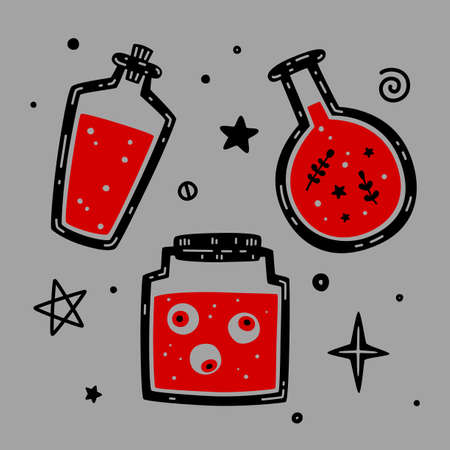 Collection of magic attributes and symbols. Bottle with poison, vial with magic potion and human eyeballs in a glass jar. Halloween setのイラスト素材