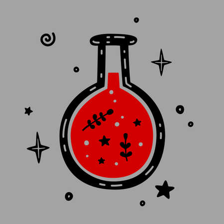 Vial with magic potion or bottle with poison. Halloween hand drawn vector illustration isolated on gray backgroundのイラスト素材