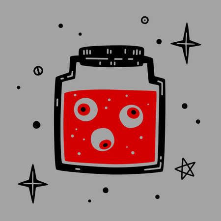 Human eyeballs in a glass jar. Halloween hand drawn vector illustration isolated on gray backgroundのイラスト素材