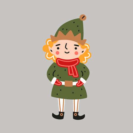 Christmas elf dressed in green. Christmas vector illustrationのイラスト素材