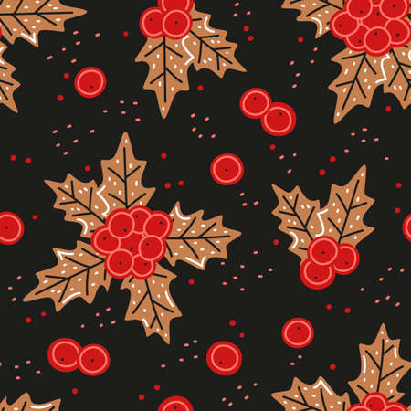 Christmas holly on a black background. Vector seamless patternのイラスト素材