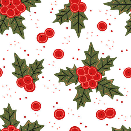 Vector seamless pattern. Christmas holly on a white backgroundのイラスト素材
