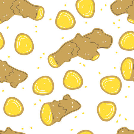 Fresh ginger rhizome, chopped ginger. Vector seamless patternのイラスト素材