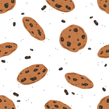 Chocolate chip cookies on white background. Vector seamless patternのイラスト素材