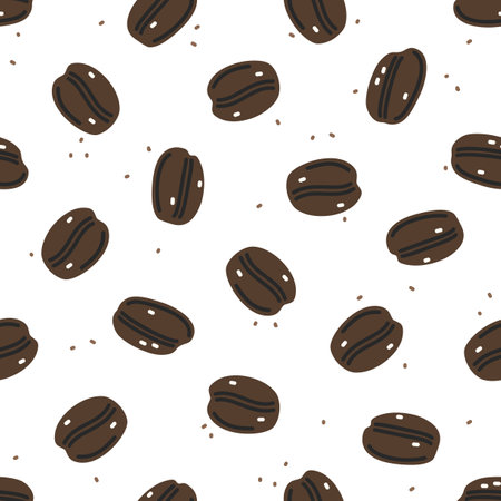 Brown coffee beans on white background. Vector seamless patternのイラスト素材