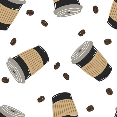 Vector seamless pattern with black paper cups of coffee and coffee beansのイラスト素材