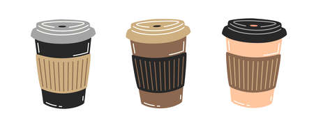 Three paper cups of coffee. Vector flat illustrationのイラスト素材