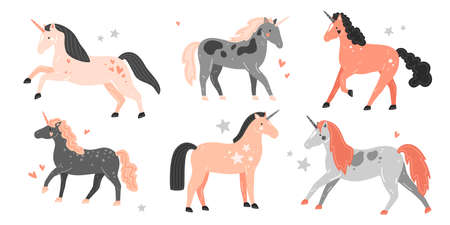 Set of cute unicorns in cartoon style. Vector flat illustrationのイラスト素材