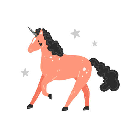 Cute pink unicorn with black mane in cartoon style. Vector flat illustrationのイラスト素材