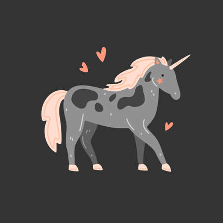 Cute gray spotted unicorn with black mane in cartoon style. Vector flat illustrationのイラスト素材