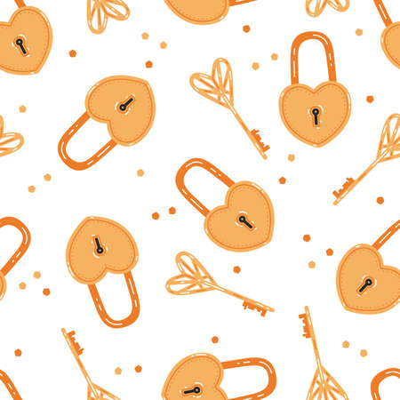 St. Valentine's Day seamless pattern with golden heart-shaped locks and keysのイラスト素材