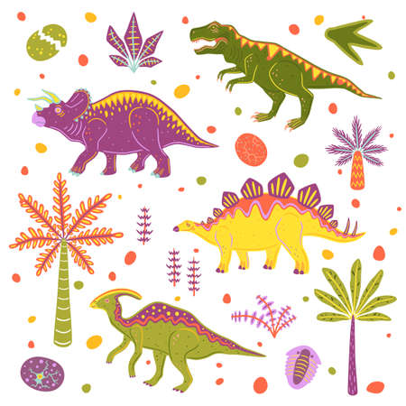Set with colorful dinosaurs, palms and dinosaur eggs. Vector flat illustration collectionのイラスト素材