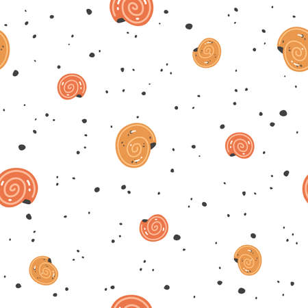 Pink and yellow seashells on a beige background. Vector seamless pattern