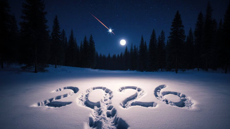 Christmas. New Year. On a forest night clearing under the light of a shooting star, someone invisible left the inscription 2026 on the snow.の素材