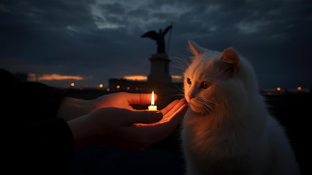 Series "The Light That Remembers" A small white cat looks at the flame of a candle held in her hands. Outside the window, over the city, after a dark night, dawn awakens.の素材