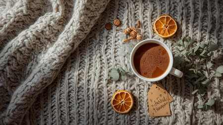 cup of tea with lemon and cinnamon on a knitted sweaterの素材