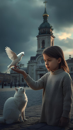 Series "The Light That Remembers" A girl stands on Sophia Square in Kyiv, holding a white dove in her hand. A white cat is nearby.の素材