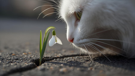 The series "The Light That Remembers" A white cat like a fragile snowdrop sprouting through a thick layer of concrete.の素材