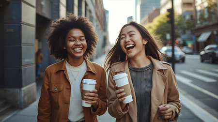 two young african - american friends drinking coffee and smiling at the city.の素材
