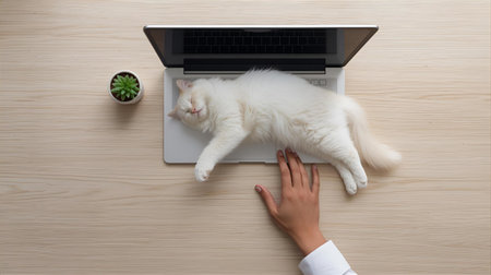 top view of cat sleeping in white office with keyboard on table.の素材