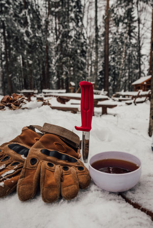 Gloves, knife, tea are on a snowy tableの写真素材