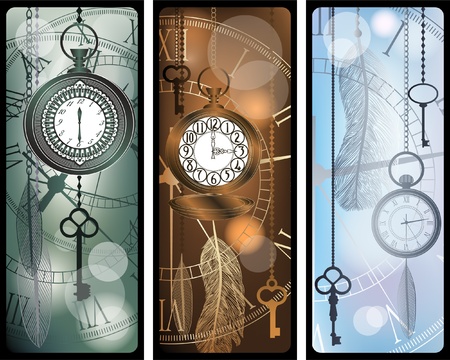 Vintage bookmarks with watches and feathersのイラスト素材