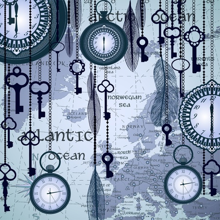 Antique background with map and clocksのイラスト素材