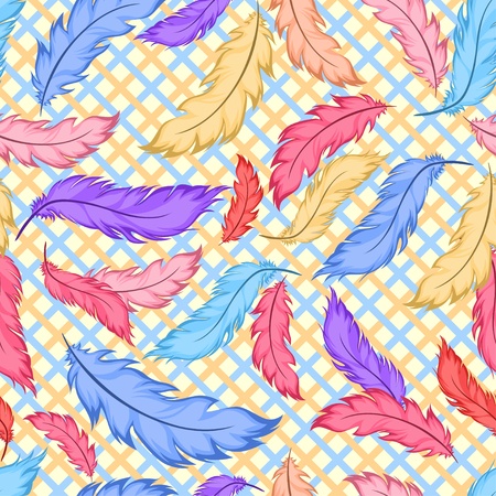 Seamless pattern with colorful feathers on plaidのイラスト素材
