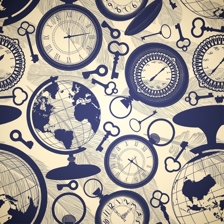 Seamless retro background with globes, keys and watchesのイラスト素材