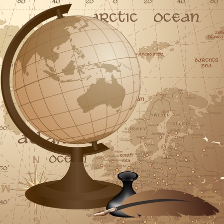Geographic vintage background with globe, feather and detailed map of Europeのイラスト素材