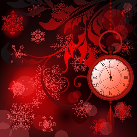 Red New Year background with watches and snowflakesのイラスト素材