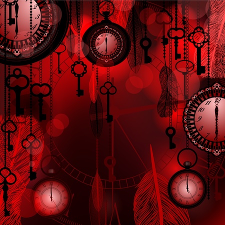 Antique deep red background with pocket watches and feathersのイラスト素材