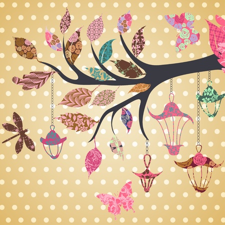 Scrap-booking background of tree branch with leaves and bird of patchesのイラスト素材