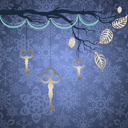 Blue vintage background with silver leaves and keyのイラスト素材