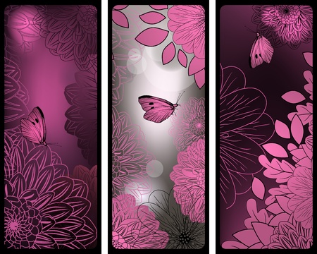 Set of pink and silver vertical banners with flowers and butterfliesのイラスト素材