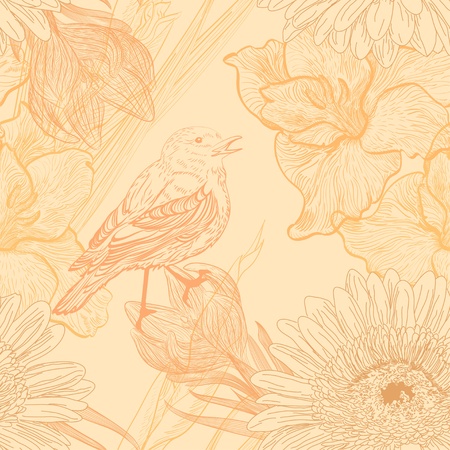 Seamless background with handdrawn birds and flowersのイラスト素材