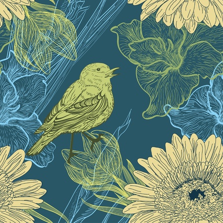 Seamless background with handdrawn birds and flowersのイラスト素材