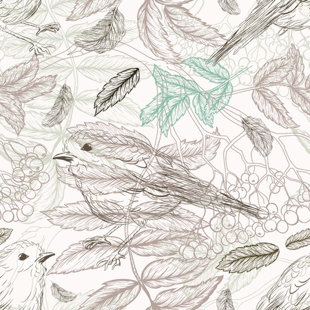 Handdrawn pattern with feathers and bird and rowan branchesのイラスト素材