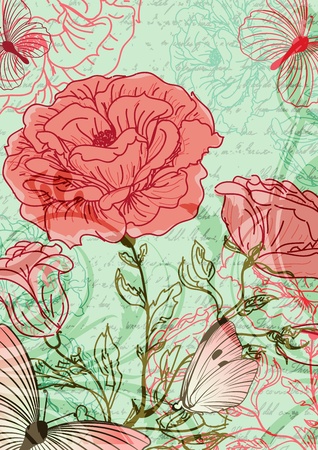 Grungy retro background with roses and butterfliesのイラスト素材