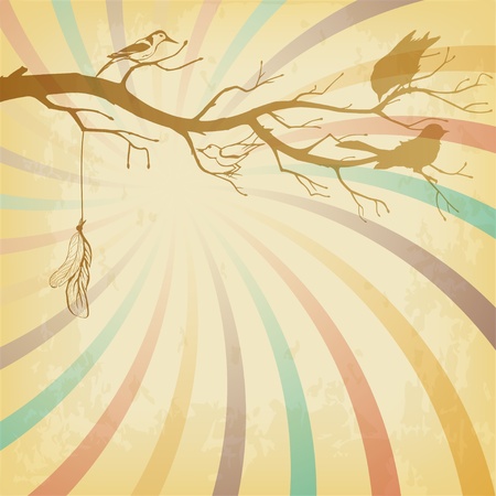 Grungy retro background with tree branch and birds silhouettesのイラスト素材