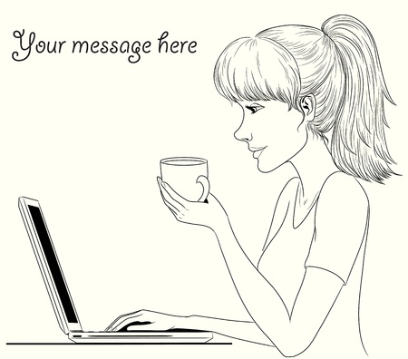 Sketch background with a beautiful girl drinking teaのイラスト素材