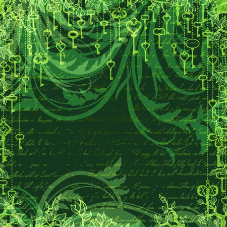 Abstract vintage background with antique keys hanging on treeのイラスト素材
