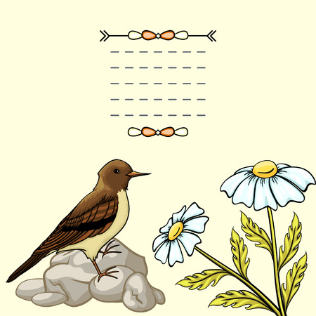 Vintage background with cartoon flowers and birdのイラスト素材