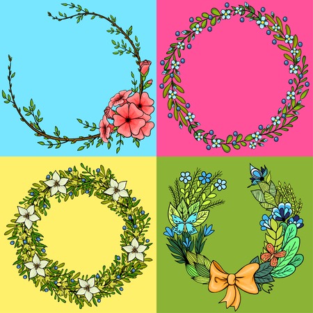 Set of four floral cartoon wreathesのイラスト素材