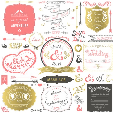 Retro hand drawn elements for wedding invitations, greetings, guest information in delicate colors  Vector illustration のイラスト素材