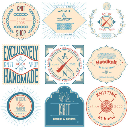 Set of vintage knitting labels, badges and design elements  Vector illustrationのイラスト素材