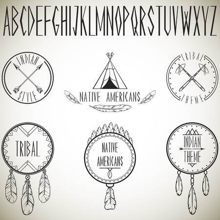 Collection of tribal design elements and alphabet  Vector illustration のイラスト素材