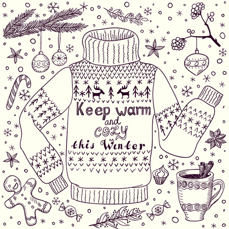 Handdrawn doodle Christmas or winter greeting card with cozy pulloverのイラスト素材