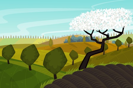 Vector spring landscape with green fieldsのイラスト素材